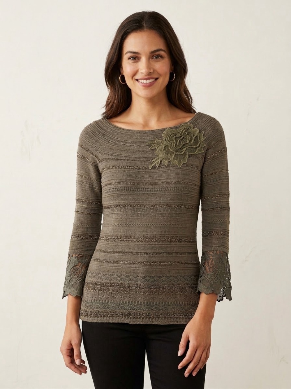 Olive Lace-Trim Knit Top with Floral Applique boho witchy whimsical